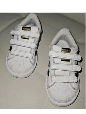 Adidas Shell Toe White and Black Superstar Classics Sneakers with Velcro Straps